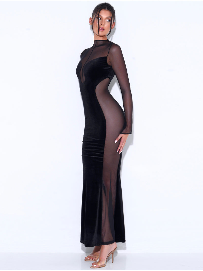 Elite Black Velvet Long Sleeve Sheer Crystal Encrusted Maxi Dress – HOUSE  OF MAGUIE